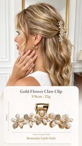Gold flower hair claw clip with pearls and rhinestones, elegant updo hair accessory for women.