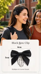 Gothic black bow hair clip with metal skeleton hand design, stylish vintage barrette for Halloween