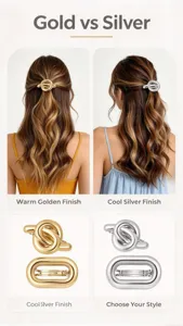 Dettaglio elegante fermaglio per capelli in metallo, nodo stiloso in oro e argento.