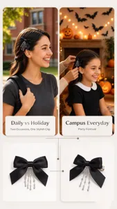 Close-up detail of the black satin bow hair clip featuring dangling skeleton hand chains.