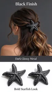 Glossy black metal starfish hair clip, elegant and versatile hair accessory for daily wear.