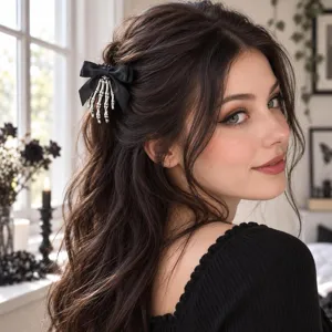 Gothic Skeleton Hand Bow Hair Clip Black Satin Duckbill Clip Halloween Hair Accessory