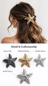 Gold silver black metal starfish hair clip detail showcasing polished surface and secure spring.