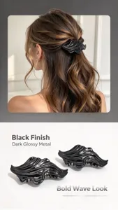 Close-up detail of glossy black wave hair claw clip, featuring elegant metal finish for styling.