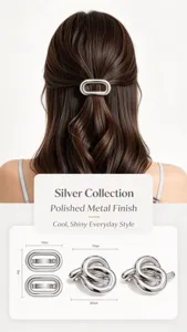 Elegante molletta per capelli in metallo argentato minimalista ovale intrecciata da donna chic