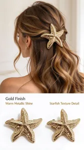 Close-up detail shot of a golden starfish hair clip showing exquisite metallic texture.