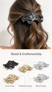 Elegant wave hair clip with secure spring back, polished surface and stylish metal design.
