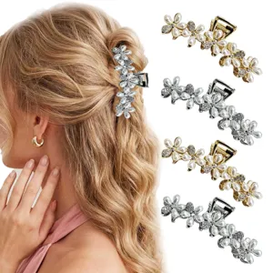 Elegant Women Zinc Alloy Hair Claw Clip With Artificial Pearl And Rhinestone Floral Design Gold Silver Shark Clip For Hair