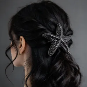 Metal starfish hair clip, elegant gunmetal hair barrette for women, stylish back hair accessory.