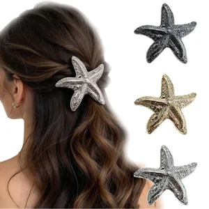 Elegant Metal Starfish Spring Hair Clip For Women Marine Style Metallic Texture Hairpin Side Clip Gold Silver Accessory