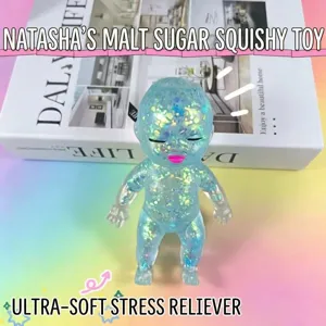 Glitter translucent stress relief doll, cute slow rebound soft toy for anxiety relaxation.