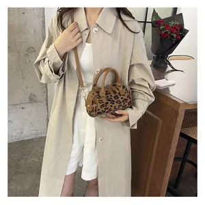 Bolso Boston marrón con estampado de leopardo para mujer, elegante bolso de hombro de ante.