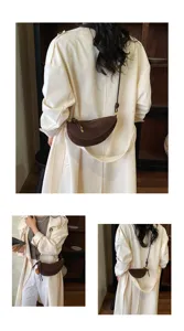 Vintage brown suede crescent crossbody bag for women, chic half-moon underarm shoulder bag.