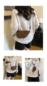 Vintage leopard print crescent shoulder bag, stylish suede half moon crossbody bag for women.