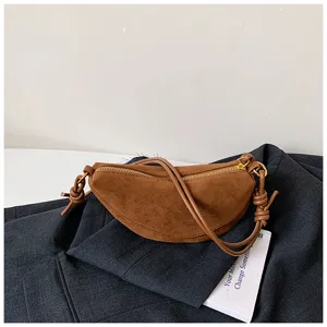 Retro brown suede half moon bag women underarm crossbody shoulder fashion small handbag