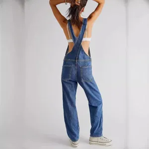 Women's casual washed loose denim overalls, back view displaying relaxed fit and dual back pockets.