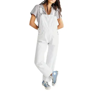 Casual loose white denim overalls for women, comfortable cotton fabric fashion jumpsuit.