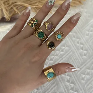 18k gold plated stackable ring set with turquoise and malachite stones, vintage style.