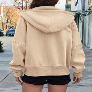 Women's long sleeve zip-up hooded fleece cropped sweatshirt jacket casual outerwear.