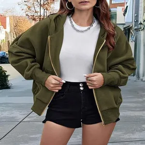 Detailed view of women casual army green zip up hoodie jacket with comfortable fabric texture.