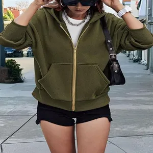Women's olive green zip-up hoodie casual long sleeve cropped sweatshirt with hood.
