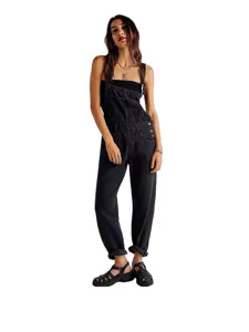 Women's casual washed black denim overalls loose fit dungarees jumpsuit with multi pockets