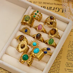 Vintage 18K gold plated irregular lava gemstone rings set, retro stackable finger jewelry.