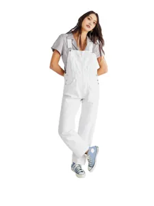 Women casual washed loose fit white denim bib overalls main product full body view.