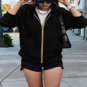 Women black zip up hoodie cropped long sleeve fleece hooded jacket casual streetwear.