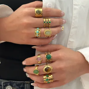 18k gold plated vintage gemstone stacking rings set, irregular lava tiger eye ring for women