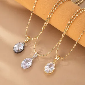 COLLAR DE CUENTAS CON COLGANTE CIRCONITA OVALADA ORO PLATA SET JOYERÍA FINA NUEVO
