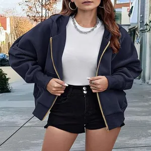 Women zip up fleece hoodie cropped long sleeve jacket casual fall winter outerwear top detail show