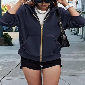 Women zip up fleece hoodie cropped long sleeve sweatshirt casual fall fashion outerwear