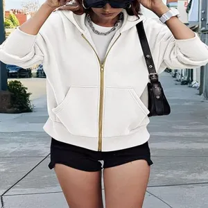 Detailed view of women's zip-up fleece hoodie jacket, casual long sleeve outdoor street style.