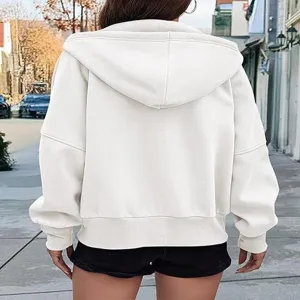 Women zip up hoodie short fleece jacket detail view, casual autumn winter warm outerwear.
