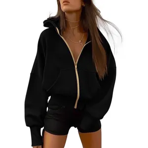 Women's black zip up hooded sweatshirt cropped long sleeve fleece jacket fashion autumn