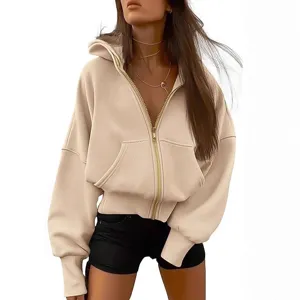 Women Casual Long Sleeve Full Zip Cropped Hoodie Solid Color Fashion Jacket for Autumn