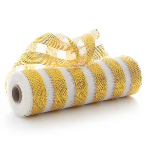 Rouleau de ruban résille déco or métallisé et blanc pour sapin de Noël et emballage cadeau.