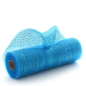 Blue metallic poly mesh ribbon roll for Christmas tree wreath decoration and floral crafts.