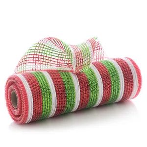 Rouleau de ruban filet déco Noël rouge vert blanc rayé pour emballage de couronne d'arbre