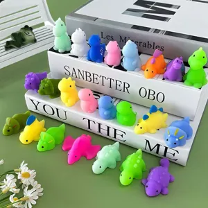 Cute mini dinosaur mochi squishy toys, colorful soft rubber stress relief animals.
