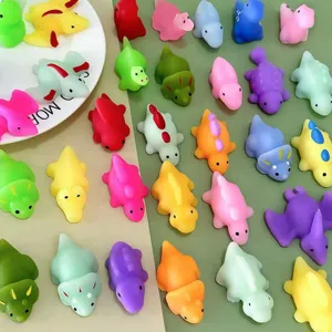 Colorful dinosaur mochi squishy toys set, soft stress relief animal figures for fun gifts.