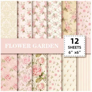 Detailed view of vintage pink rose scrapbook paper sheets, perfect for DIY journaling crafts.
