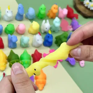Colorful mochi dinosaur squishy toy stretching detail, soft anti stress relief toy.