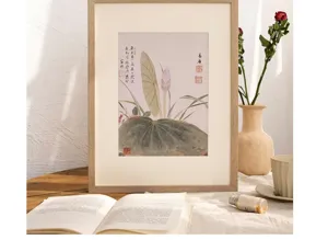Solid wood picture frame detail showing natural wood texture, elegant mat board and art print.