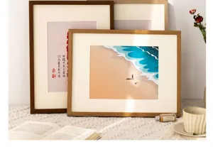 Wooden picture frame detail showcasing natural wood texture and elegant matting for home wall art decor.