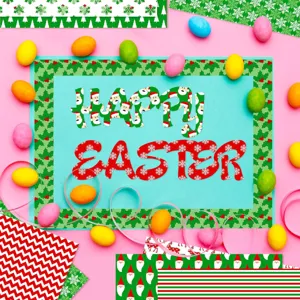Scrapbook decorative background paper featuring colorful Christmas patterns and festive motifs.