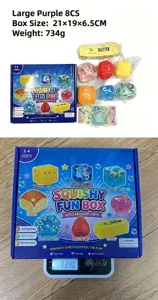 Detailed view of 8pcs squishy sensory toys set with color box and weight display.