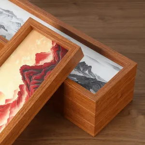 Marco de madera arte de paisaje decoración de escritorio, paisaje de montaña al amanecer.