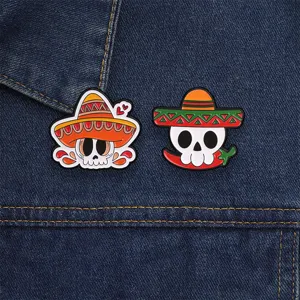 Mexican sombrero skull enamel pin set Day of the Dead metal brooch badge for backpack clothes.